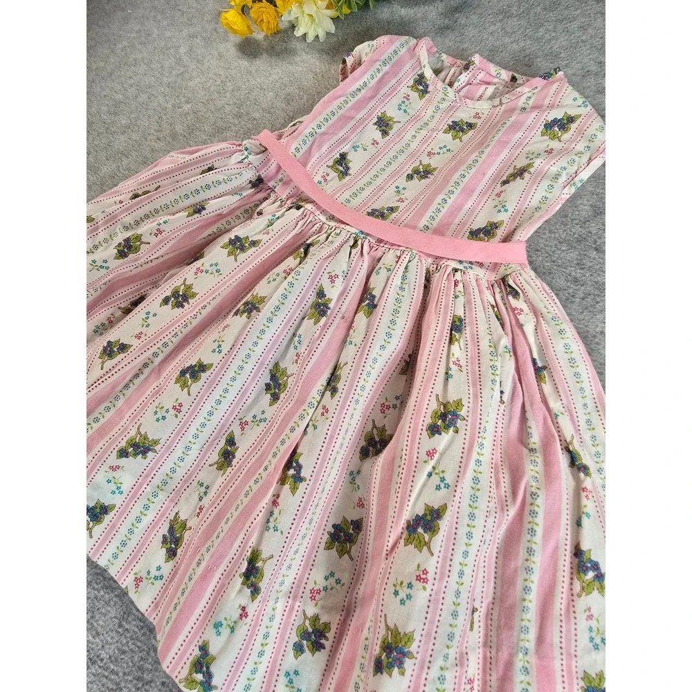 Vintage Handmade Dress Girls 2T Pink Floral Striped Tulle Lined Cotton 70s